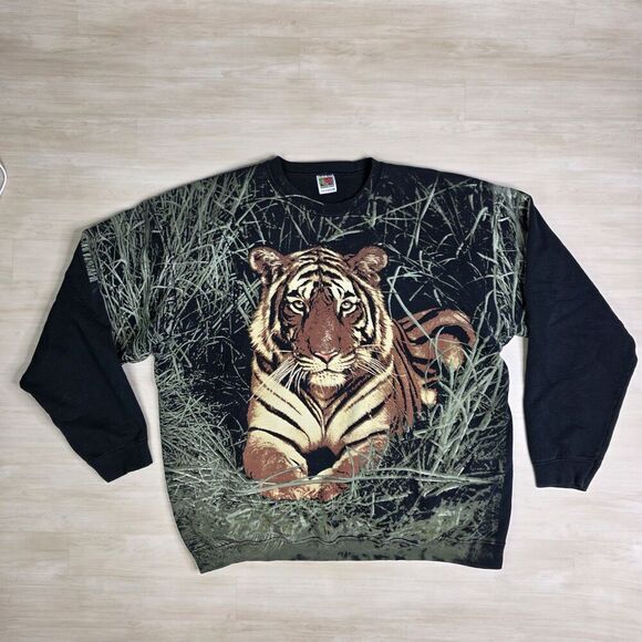 Vintage Fruit Of The Loom Sweatshirt Mens 2XL Tiger Graphic Crewneck AOP Grass - Picture 1 of 9